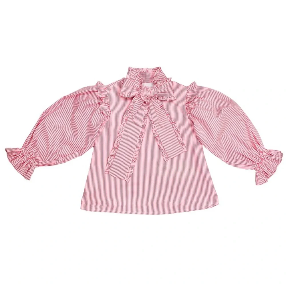 Elizabeth Wilson Pink Striped Ruffle Bow-Front Button Down Blouse - Women - Picture 2 of 3